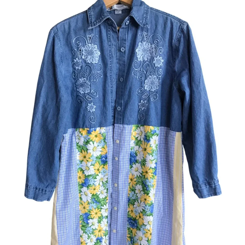Patchwork Denim Duster, Upcycled Boho Layering Jacket Spring Daisies Size Large - Picture 10 of 14